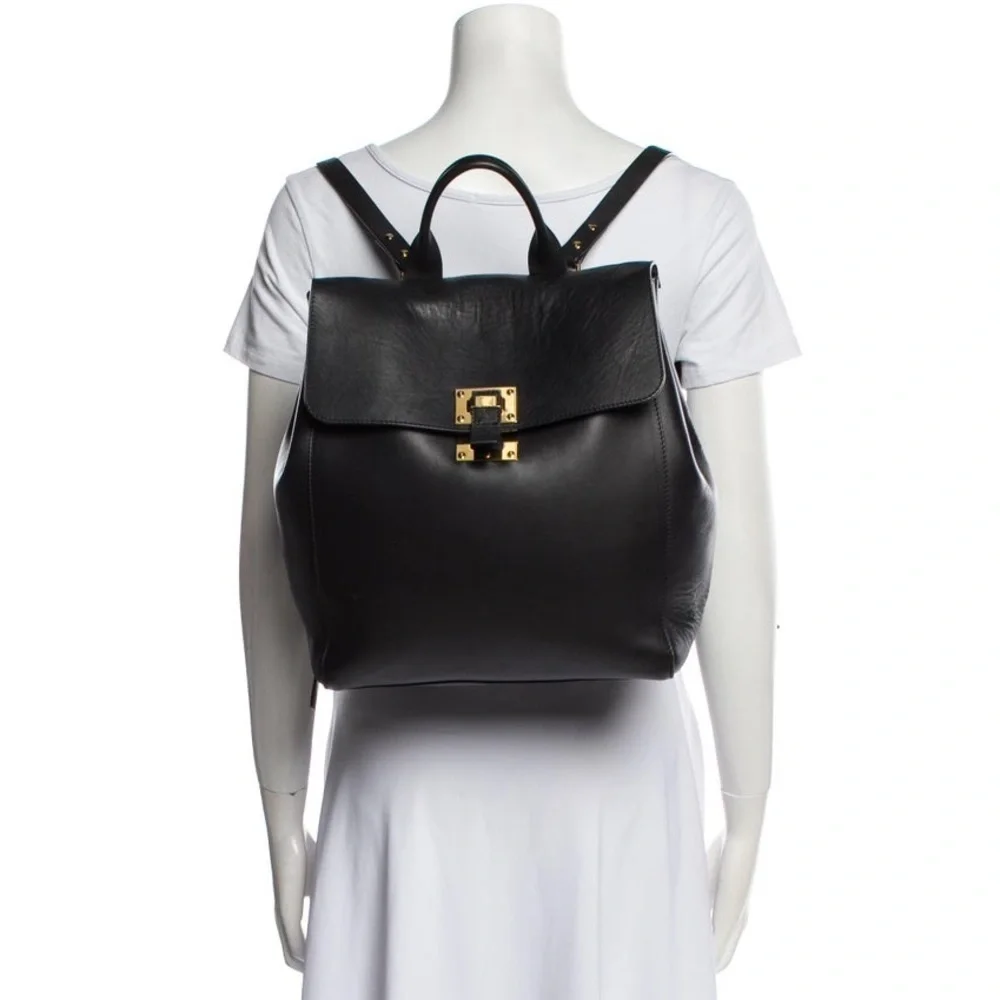 Sophie Hulme Black Leather Single Soft Flap Gold Tone Hardware Backpack